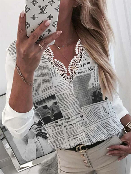 

Stampato Casuale Maniche Lunghe Scollo a V Top, Come immagine, Blouses & Shirts