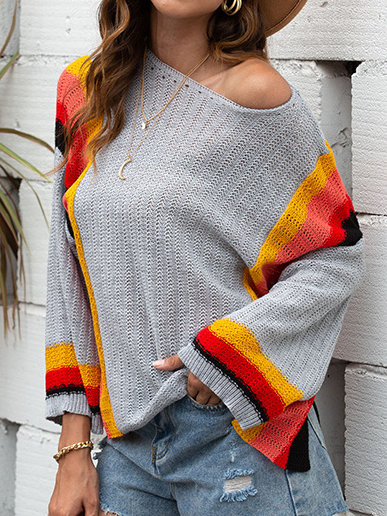 

Knitted Stripes Crew Neck Long Sleeve Sweater, Light gray, Sweaters
