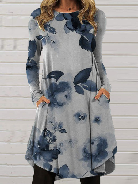 

Long Sleeve Shift Printed Scoop Neckline Dresses, Gray, Tie dye dress