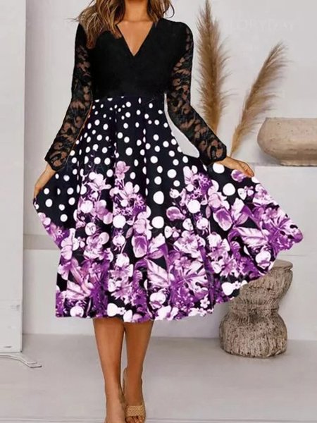 

Nero Floreale a pois Stampato Pizzo Panelled Scollo a V A-line Gonna Casuale, Midi Dresses