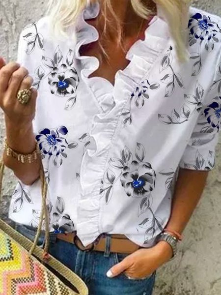 

Stampare volant floreali Lculo Camicie & Camicette &Camicie, Bianco, Blouses & Shirts