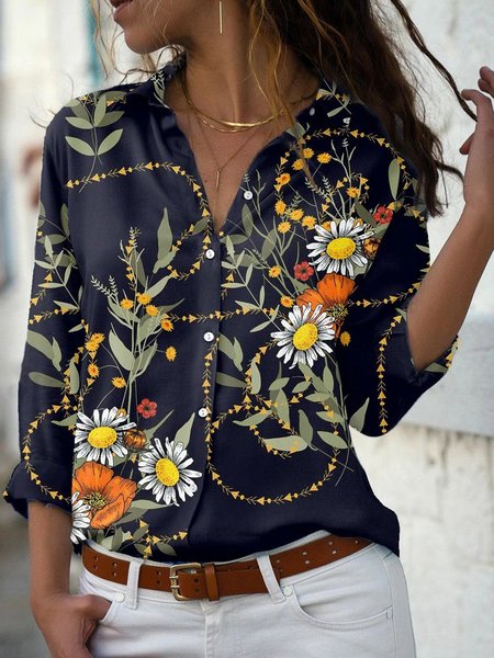 

Nero Stampata Floreale Maniche Lunghe Vacanza Casuale Dritto Colletto a Camicia Top, Blouses & Shirts