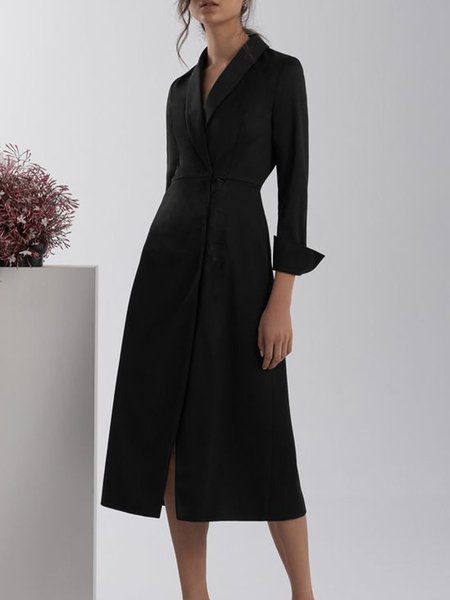 

Elegant Long Sleeve Plain Midi Dress, Black, Midi Dresses