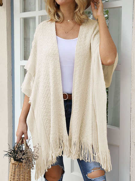 

Casual Fringed Half Sleeve Knitted Outerwear, Apricot, Cardigans