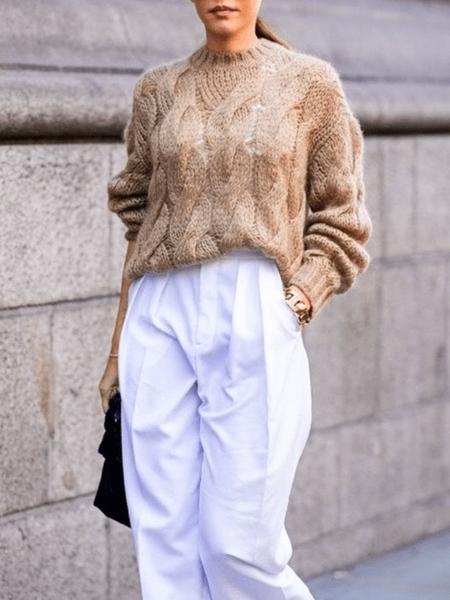 

Fall Long Sleeve Casual A-Line Crew Neck Simple Daily Sweater, Khaki, Pullovers