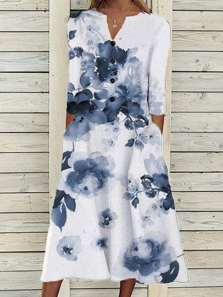 

Vintage Long Sleeve Floral V Neck Dresses, White, Maxi Dresses