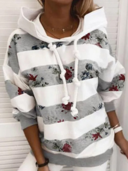 Cotton-Blend Long Sleeve Casual Sweatshirt, White, Sweatshirts & Hoodies