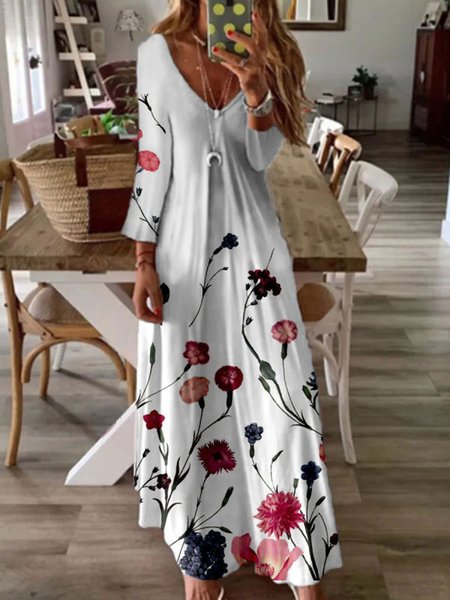 

Bianco Stampata Floreale Scollo a V Casuale Maniche Lunghe A-line Maxi Gonna, Maxi Dresses