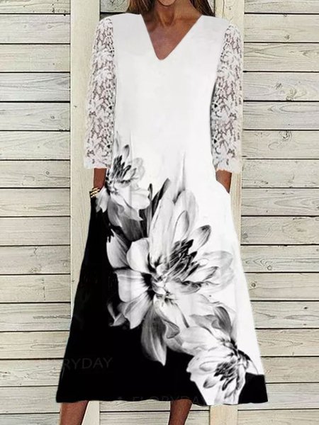 

Casuale Scollo a V Stampato Floreale Maniche Lunghe Abito, Bianco, Midi Dresses