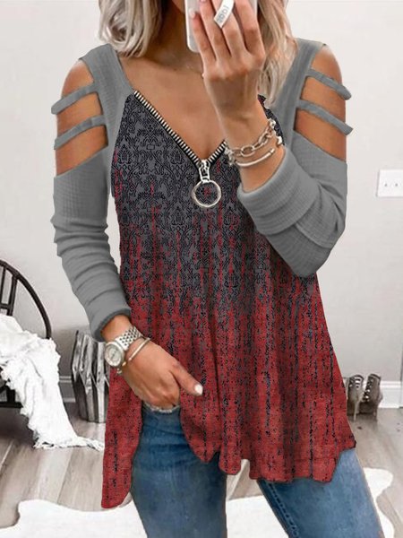 

Long Sleeve Casual V Neck Shift T-shirt, As picture, T-Shirts
