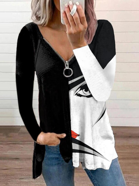 

Casuale Maniche Lunghe Scollo a V Stampato Top, Nero, Blouses & Shirts
