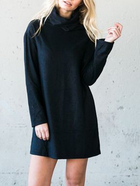 

Long Sleeve Vintage Plain Dress, Black, Mini Dresses