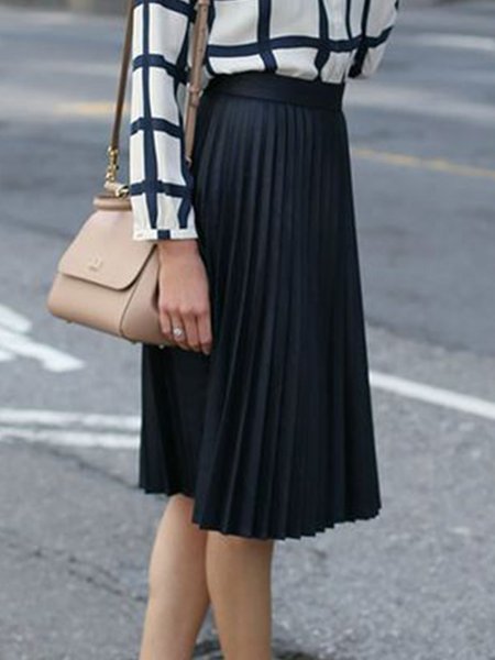

Plain A-Line Pleated Skirt, Black, Midi Skirts