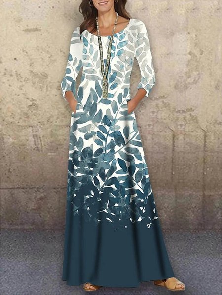 

Long Sleeve Casual Leaves Dresses, As picture, Floral Dresses