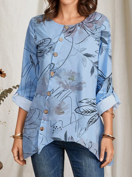 

Casual Floral-Print Long Sleeve Shirts & Tops, Blue, Blouses & Shirts