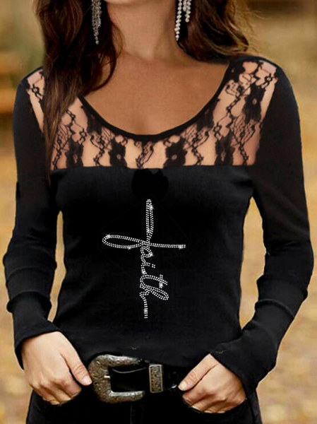 

Long Sleeve Letter Cotton-Blend Elegant Shirts & Tops, Black, Shirts & Blouses