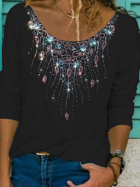 

Long Sleeve Round Neck Plus Size Tops T-Shirts, Black, T-Shirts
