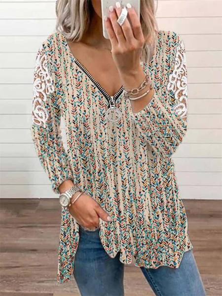 

Printed V Neck Long Sleeve Casual T-shirt, Khaki, T-Shirts