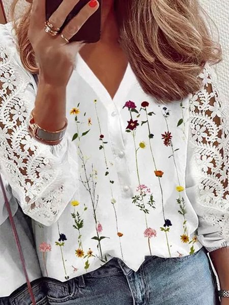 

Bianco Stampata Floreale Scollo a V Dritto Casuale Camicie & Top, Blouses & Shirts