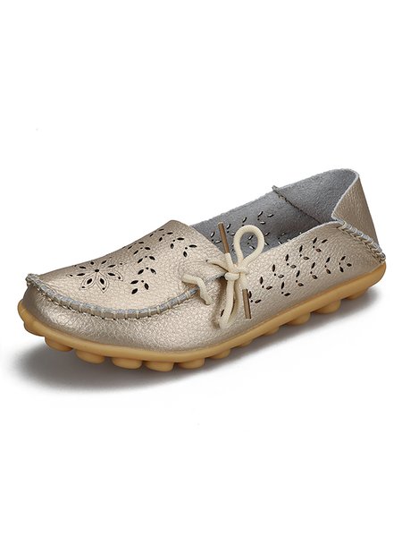 

Cowhide Hollow Lace-up Portable Shoes, Golden, Flats & Loafers