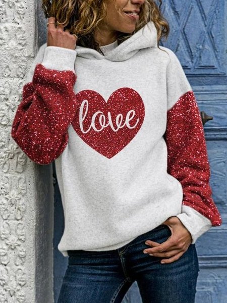 

Love Print Women Casual Daily Hooded Sweatshirt, Red, Hoodies&Sweatshirts