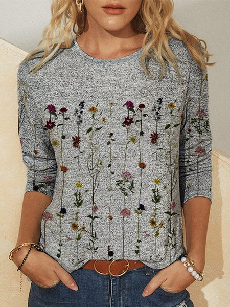 

Long Sleeve Crew Neck Vintage Floral Shirts & Tops, Gray, Long sleeve tops