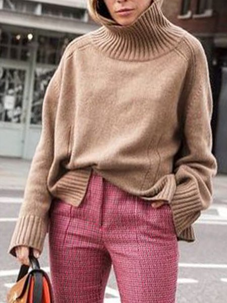 Casual Turtleneck Long Sleeve Sweater, Khaki, Pullovers