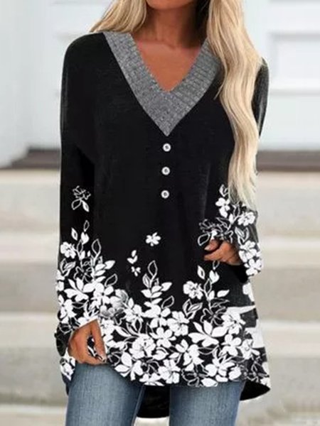 

Nero Stampata Floreale Scollo a V Casuale Maniche Lunghe Dritto Top, Blouses & Shirts