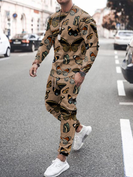 

Casual Cotton butterfly print men's suit, Brown, Two-pieces