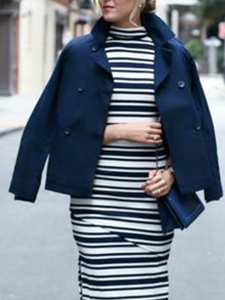 Long Sleeve Buttoned Casual Lapel Outerwear, Deep blue, Coats