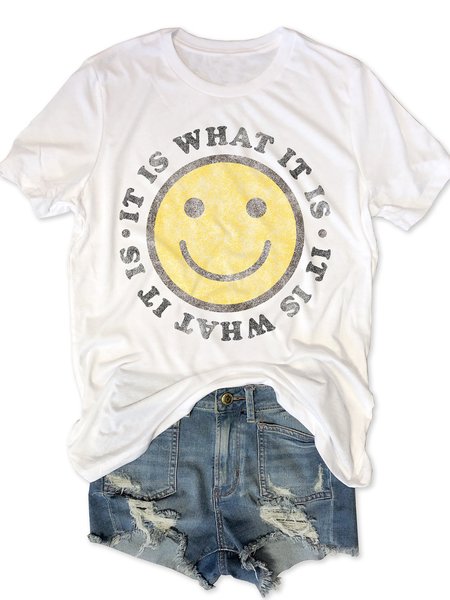 

It Is What It Is Women‘s Cotton-Blend Crew Neck Shift Short Sleeve Shirts & Tops, White, T-shirts