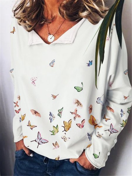 Butterfly Long Sleeve Casual Floral Sweatshirt, As picture, Hoodies&Sweatshirts