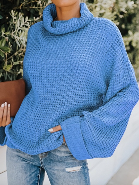 

Fall A-Line Long Sleeve Simple Turtleneck Casual Sweater, Blue, Pullovers