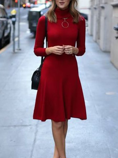 

Vintage Plain Turtleneck Dress, Red, Mini Dresses