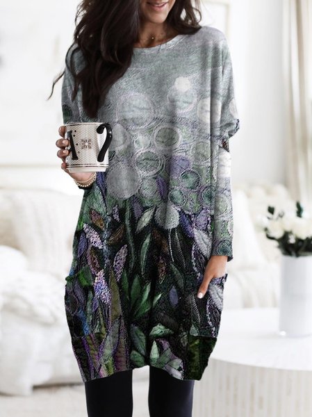 

Casuale Maniche Lunghe Cotone Scollo a Barchetta Abito, Multicolore, Dresses