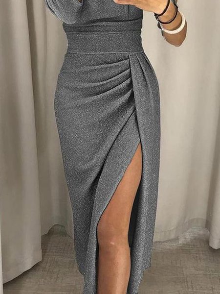 

Elegant Solid Skirt, Gray, Midi Skirts