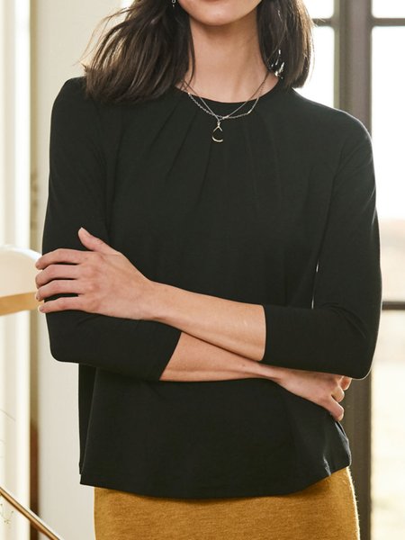 

Casual 3/4 Sleeve Basic Solid T-shirt, Black, Tops