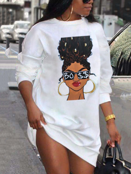 

Bianco Stampato Girocollo Maniche Lunghe Casuale Dritto Abito, Mini Dresses