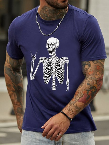 

Rock and Roll Skeleton Print Retro T-shirt, Purplish blue, T-shirts