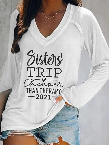 

Long Sleeve V Neck Plus Size Printed Tops T-Shirts, White, T-Shirts