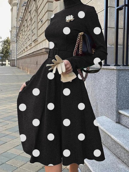 

Elegant Polka Dots Long Sleeve Dress, Black, Midi Dresses