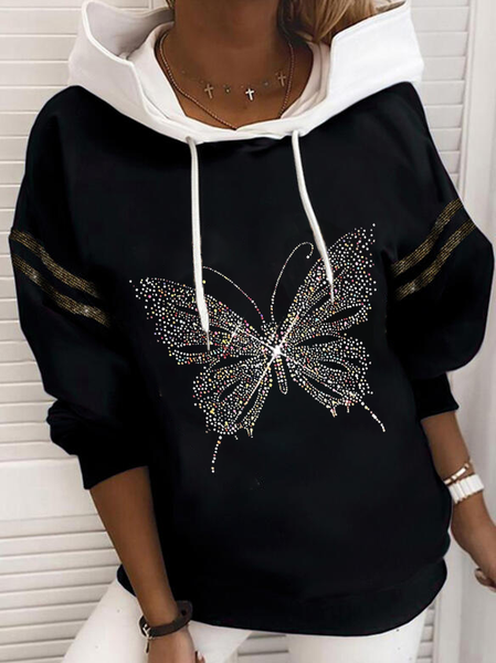 

Long Sleeve Cotton-Blend Hoodie Butterfly Sweatshirt, Black, Sweatshirts & Hoodies