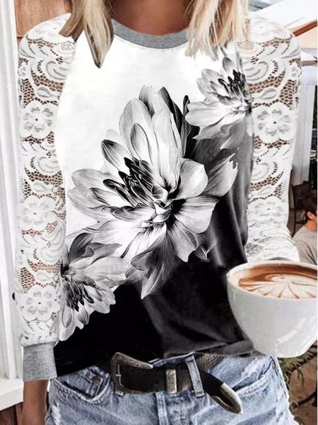 

Nero-bianco Stampata Floreale Maniche Lunghe Dritto Pizzo Panelled Camicie & Top, Blouses & Shirts