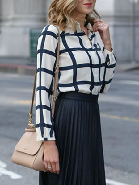 

Work Long Sleeve Checkered/Plaid Shirt, Blue, Blouses and Shirts