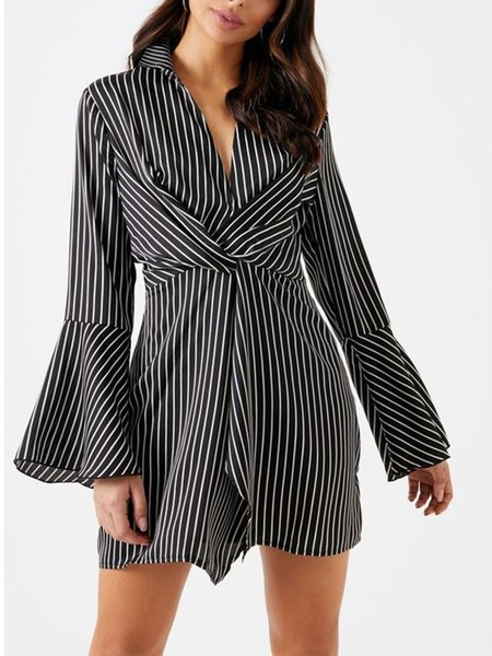 Casual Shirt Collar Long Sleeve Dress, Black, Mini Dresses