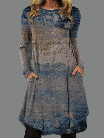 

Round Neck Irregular Color Block Printing Casual Ladies Dress, Gray, Tie dye dress