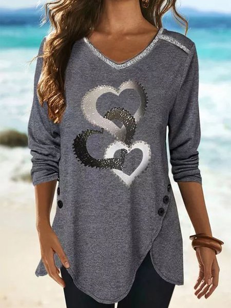 

Piping Long Sleeve Casual V Neck Shirts & Tops, Gray, Long sleeve tops