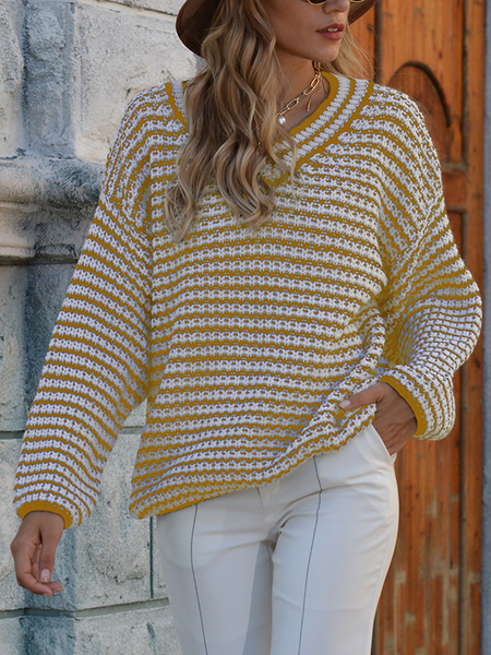 

Knitted Casual Stripes Long Sleeve Sweater, Yellow, Sweaters & Cardigans