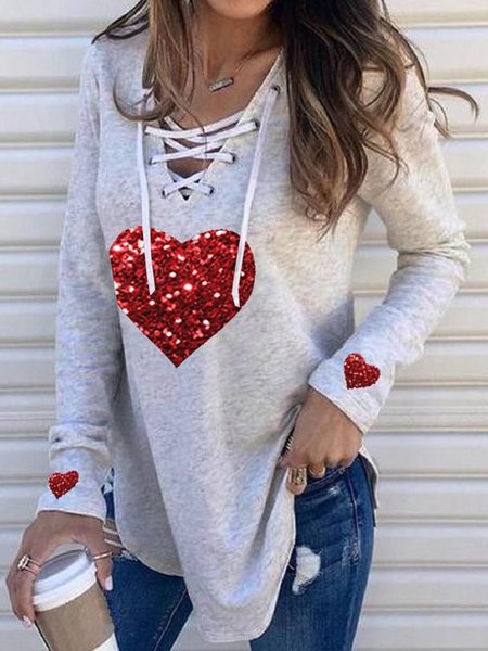 

Hollow Love Print Casual V Neck Long Sleeve Shirts & Tops, Light gray, Hoodies&Sweatshirts