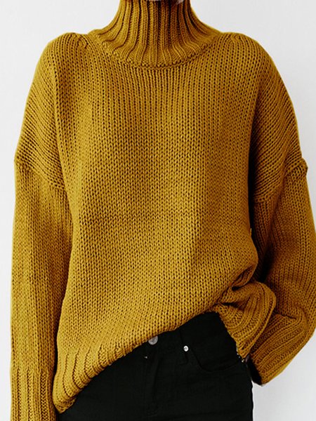 

Turtleneck Plain Casual Long Sleeve Sweater, Yellow, Pullovers